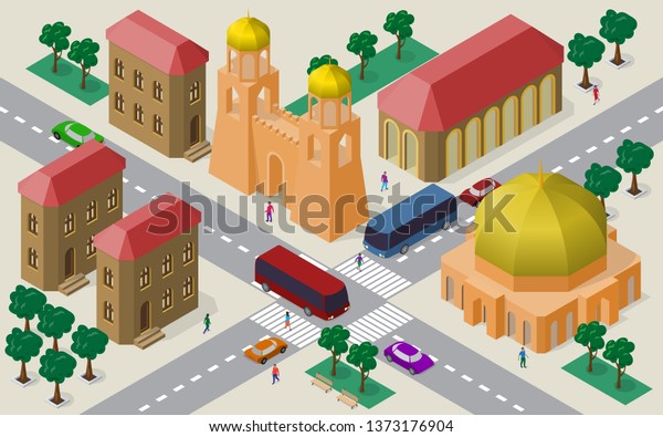 Isometric cityscape of\
buildings, streets, fortress gate with towers, roadway, cars, buses\
and people.