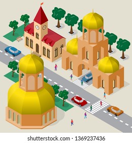 Isometric cityscape of buildings, temple, belfry, roadway, cars and people.