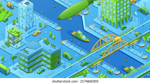 Isometric cityscape, city map with buildings, transport on streets, bridges over river and flying airship. Vector illustration of urban infrastructure, town district with houses, roads, cars