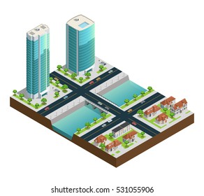 Isometric Cityscape Composition With Modern Skyscrapers Suburban Houses Near Canal On White Background Vector Illustration