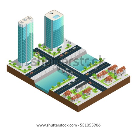 Isometric cityscape composition with modern skyscrapers suburban houses near canal on white background vector illustration