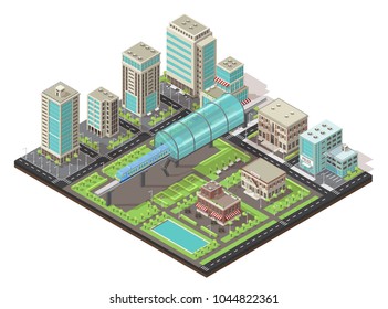 Isometric cityscape concept with metro in center public and living buildings trees road isolated vector illustration