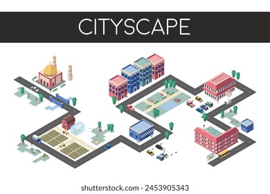 Isometric cityscape illustration, simple city landscape design with building blocks, public amenities, parks, vehicle, and people roaming the area. Functional urban living miniature concept artwork.