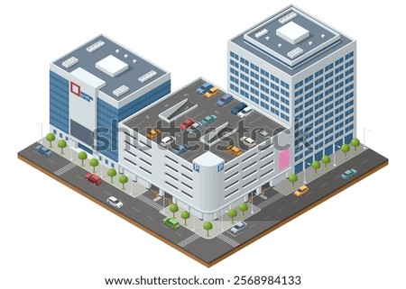 Isometric cityscape with a multi-storey parking structure surrounded by modern office buildings. Features urban elements like cars and trees