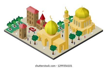 Isometric cityscape in oriental style. Mosque with minaret, urban buildings, trees, benches, car and people.