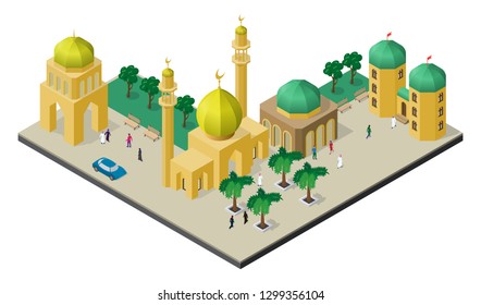 Isometric cityscape in oriental style. Mosque with minarets, urban buildings, trees, benches, cars and people.