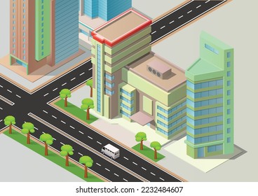 isometric cityscape with skyscraper building and highway