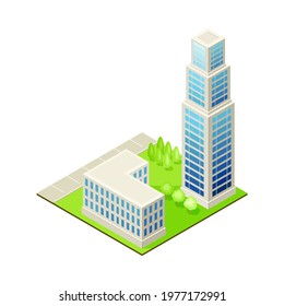 Isometric Cityscape with Skyscraper and Multistory Structure on Green Lawn Vector Illustration