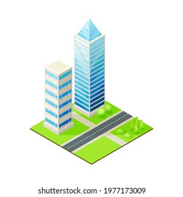 Isometric Cityscape with Skyscraper and Multistory Structure on Green Lawn Vector Illustration