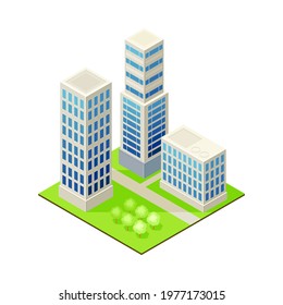 Isometric Cityscape with Skyscraper and Multistory Structure on Green Lawn Vector Illustration