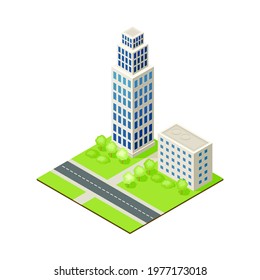 Isometric Cityscape with Skyscraper and Multistory Structure on Green Lawn Vector Illustration