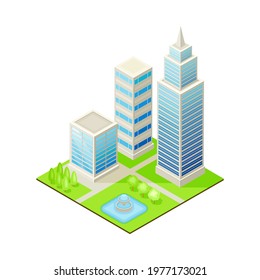 Isometric Cityscape with Skyscraper and Multistory Structure on Green Lawn Vector Illustration