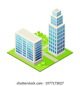 Isometric Cityscape with Skyscraper and Multistory Structure on Green Lawn Vector Illustration