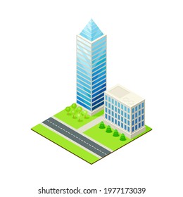 Isometric Cityscape with Skyscraper and Multistory Structure on Green Lawn Vector Illustration