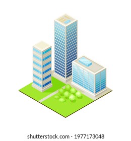 Isometric Cityscape with Skyscraper and Multistory Structure on Green Lawn Vector Illustration
