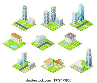 Isometric Cityscape with Skyscraper and Suburban Houses on Green Lawn Vector Set
