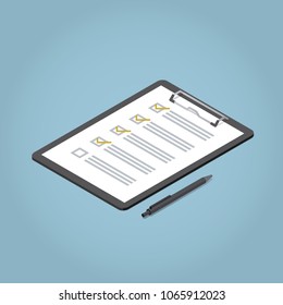 Isometric Claim Form Illustration. Pad With Sheet Of Paper And Pen.