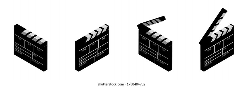 isometric clapper board for shooting the film in the open and closed position. Assistant director. Black and white icon. Vector