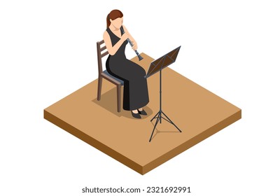 Isometric Clarinet, Woodwinds Music Instrument Isolated on White background