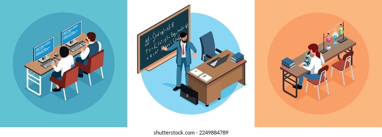 Isometric class interior design concept children study in front of the computer in lab and teacher explains topic of the lesson vector illustration