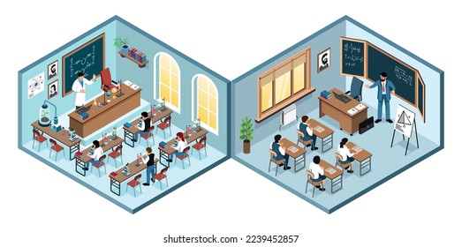 Clases isométricas aisladas concepto dos clases se sientan en sus escritorios y escuchan al profesor uno de los cuales está enseñando una clase de matemáticas y otra clase de química ilustración vectorial