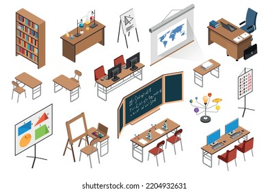 Conjunto interior de clase isométrica con imágenes aisladas de escritorios escolares cabinas sillas pizarra y materiales educativos ilustración vectorial