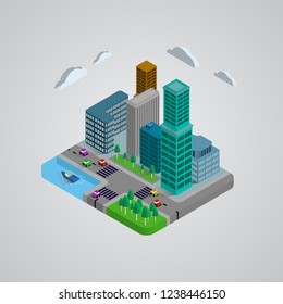 Isometric classic buildings 3D design, house, cars, tree, lake and broad. the graphics concept for your design, Vector illustrator.