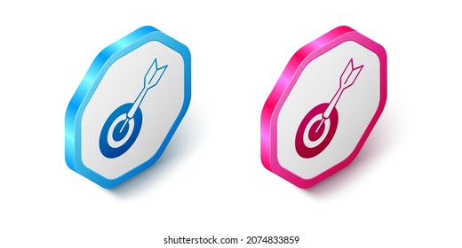 Isometrische klassische Dartplatine und Pfeilsymbol einzeln auf weißem Hintergrund. Dartboard-Schild. Spielkonzept. Hexagon-Taste. Vektorgrafik