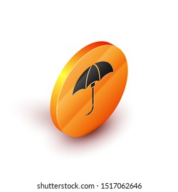 Isometric Classic elegant opened umbrella icon isolated on white background. Rain protection symbol. Orange circle button. Vector Illustration