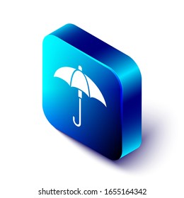 Isometric Classic elegant opened umbrella icon isolated on white background. Rain protection symbol. Blue square button. Vector Illustration