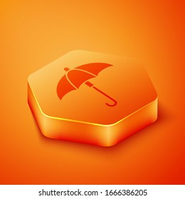 Isometric Classic elegant opened umbrella icon isolated on orange background. Rain protection symbol. Orange hexagon button. Vector Illustration