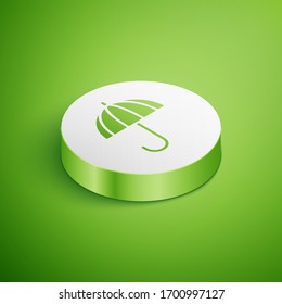 Isometric Classic elegant opened umbrella icon isolated on green background. Rain protection symbol. White circle button. Vector Illustration