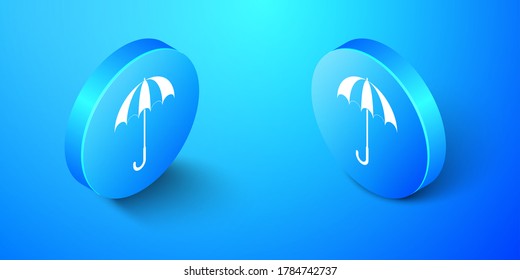 Isometric Classic elegant opened umbrella icon isolated on blue background. Rain protection symbol. Blue circle button. Vector.