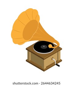 Isometric Classic gramophone, old device for playing sound recordings. Large metal horn and base, rotating platform for vinyl. Realistic 3D vector concept isolated on white background