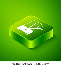 Isometric Classic Metronome with pendulum in motion icon isolated on green background. Equipment of music and beat mechanism. Green square button. Vector