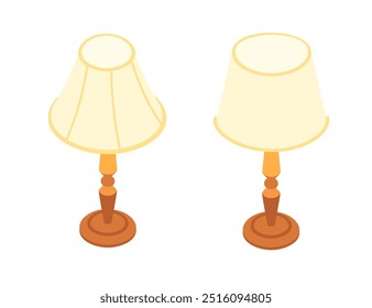 Isometrische klassische Retro-Stil der Nachttischlampe. Weich gelbes Licht auf Holzständer. Vektorgrafik einzeln auf weißem Hintergrund