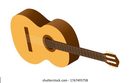 Isometric classical acoustic guitar icon. Isolated on white guitar. Musical string instrument vector illustration.