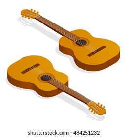 Isometric Classical acoustic guitar. Isolated classic guitars. Musical string instrument collection. Vector illustration