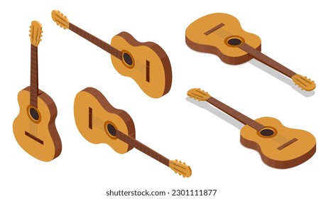 Isometric Classical Acoustic Six-String Guitar Isolated on White Background