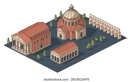 Isometric classical architecture set including a domed temple a colonnade portico and an ancient roman aqueduct.