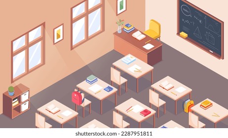 Isometric classroom concept. Tables and chairs with school supplies in front of blackboard. education and training. Design element for greeting card for September 1. Cartoon vector illustration