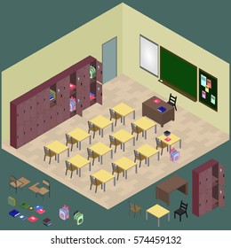 Isometric classroom with object: desk, blackboard, table, chair, wardrobe, bag in vector