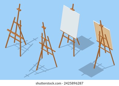 Isometric Clean Canvas on a wooden easel isolated on a white background. Art, creativity, hobby, job and creative occupation