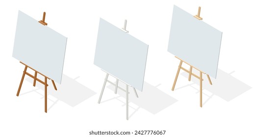 Isometric Clean Canvas on a wooden easel isolated on a white background. Art, creativity, hobby, job and creative occupation