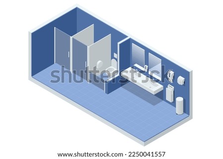 Isometric Clean Public Restroom Interior. Restroom with Cubicles and Sinks empty wc restroom interior with closed and open cubicles