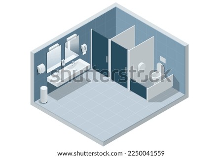 Isometric Clean Public Restroom Interior. Restroom with Cubicles and Sinks. Public toilet, restroom, lavatory water closet, WC.