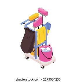 Isometric cleaner trolley with bucket towel brushes 3d vector illustration