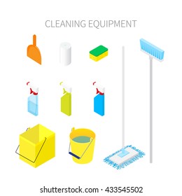 Isometric cleaning equipment isolated on white background. Vector illustration