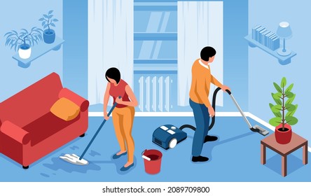 Isometric cleaning home horizontal composition with room interior man with vacuum cleaner and woman with mop vector illustration
