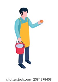 Composición isométrica de las tareas domésticas de limpieza con carácter aislado ilustraciones vectoriales del trabajador doméstico masculino
